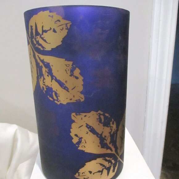 Yankee Candle Deep Purple w/Gold Leafs "MIDNIGHT FALL" 8" X 5" Glass Holder Rare - Picture 1 of 5